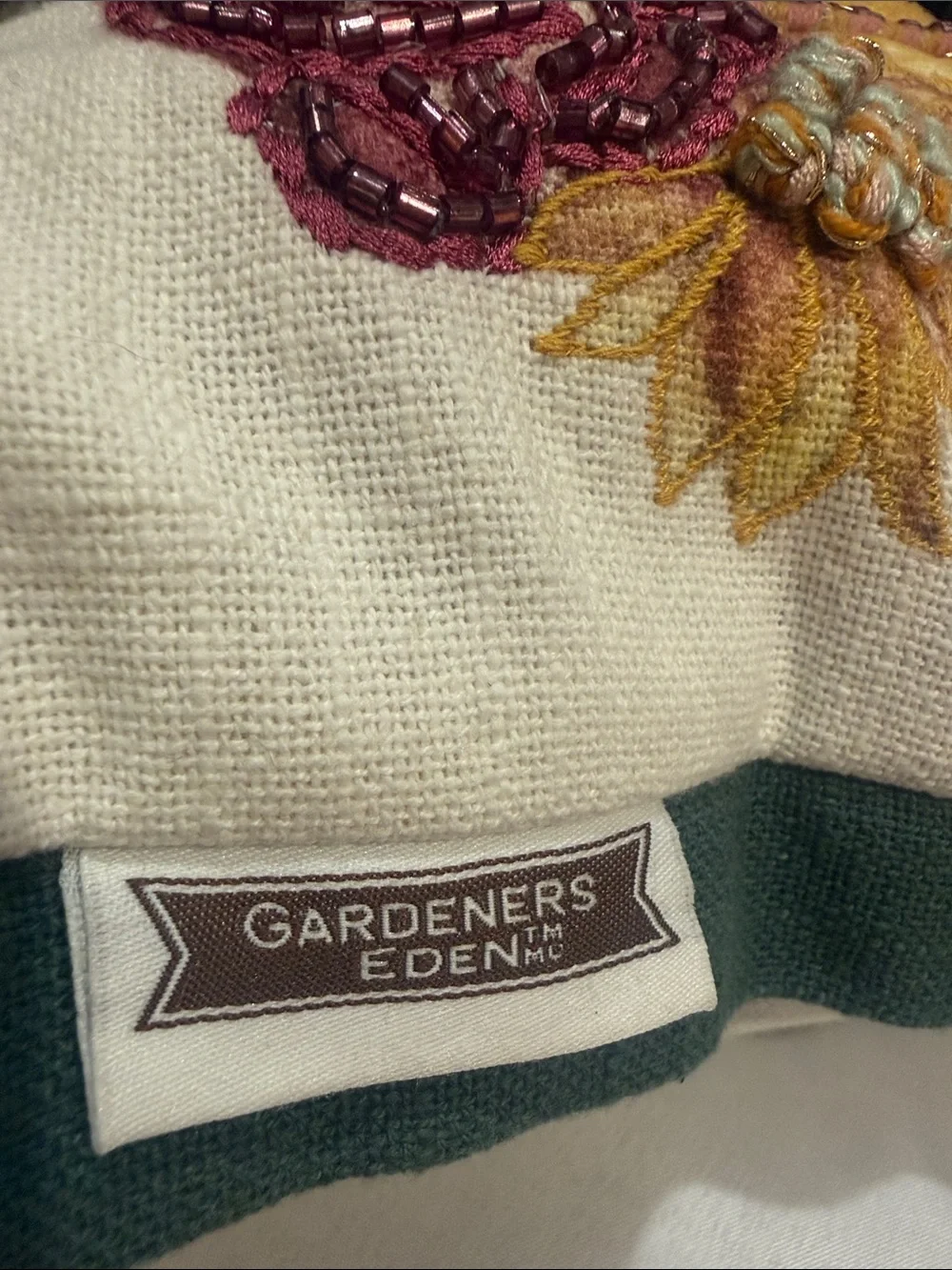 Gardeners Eden Cream Green Pumpkin Fall Print Soft Woven Beaded Accent Pillow